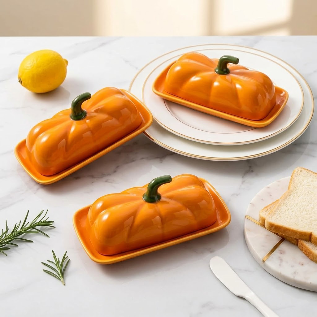 Aquilona 7.5" Ceramic Pumpkin Butter Dish - Large Capacity Butter Keeper with Lid, Decorative Pumpkin-Shaped Cheese Tray, Dishwasher & Microwave Safe