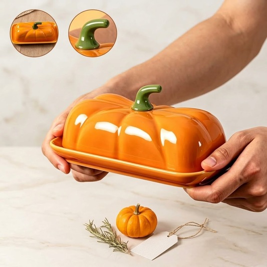 Aquilona 7.5" Ceramic Pumpkin Butter Dish - Large Capacity Butter Keeper with Lid, Decorative Pumpkin-Shaped Cheese Tray, Dishwasher & Microwave Safe