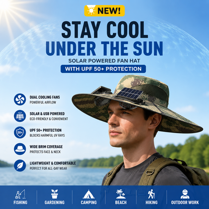 ☀️Solar Powered Fan Hat with 2 Removable Fans, Wide BrimSun Hat, UPF 50+ Bucket Fishing&Beach Hat, USB Solar