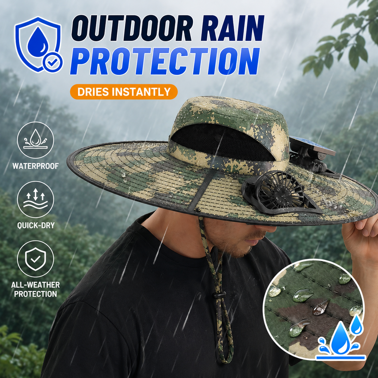 ☀️Solar Powered Fan Hat with 2 Removable Fans, Wide BrimSun Hat, UPF 50+ Bucket Fishing&Beach Hat, USB Solar