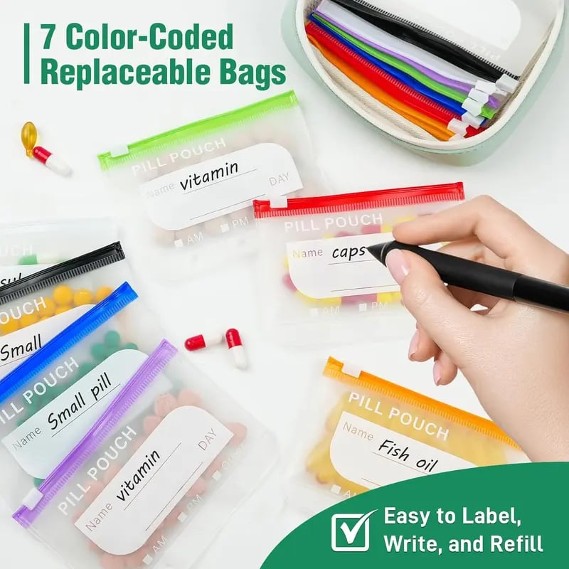 🔥Waterproof Pill Pouch Set, 14pcs Bags Inside, A8 Waterproof Pill Organizer Set, 7 to 14 Days of Meds