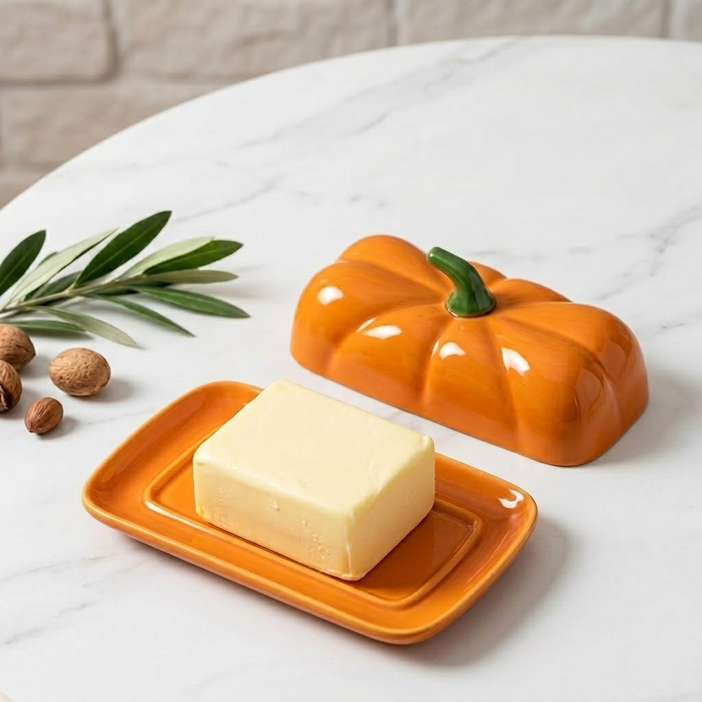Aquilona 7.5" Ceramic Pumpkin Butter Dish - Large Capacity Butter Keeper with Lid, Decorative Pumpkin-Shaped Cheese Tray, Dishwasher & Microwave Safe