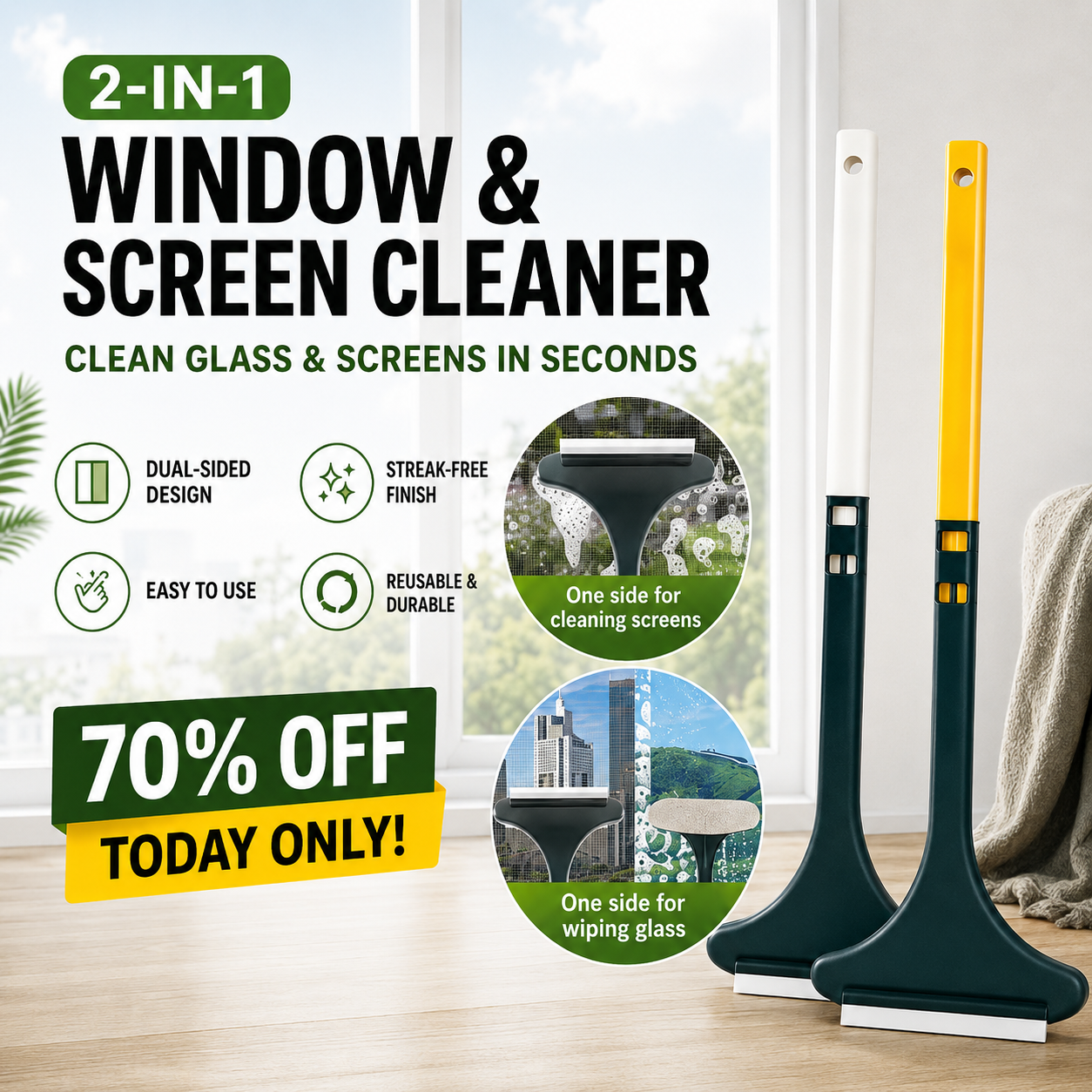 🔥Household Cleaning Tool, Window Cleaning Brush, Cleaning Supplies, 2-in-1 Double-Sided Window Screen Cleaning Brush and Glass Wiper with Scraper, Long Handle, Dual-Use for Wet and Dry Cleaning.