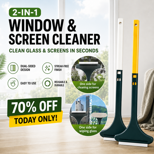 🔥Household Cleaning Tool, Window Cleaning Brush, Cleaning Supplies, 2-in-1 Double-Sided Window Screen Cleaning Brush and Glass Wiper with Scraper, Long Handle, Dual-Use for Wet and Dry Cleaning.