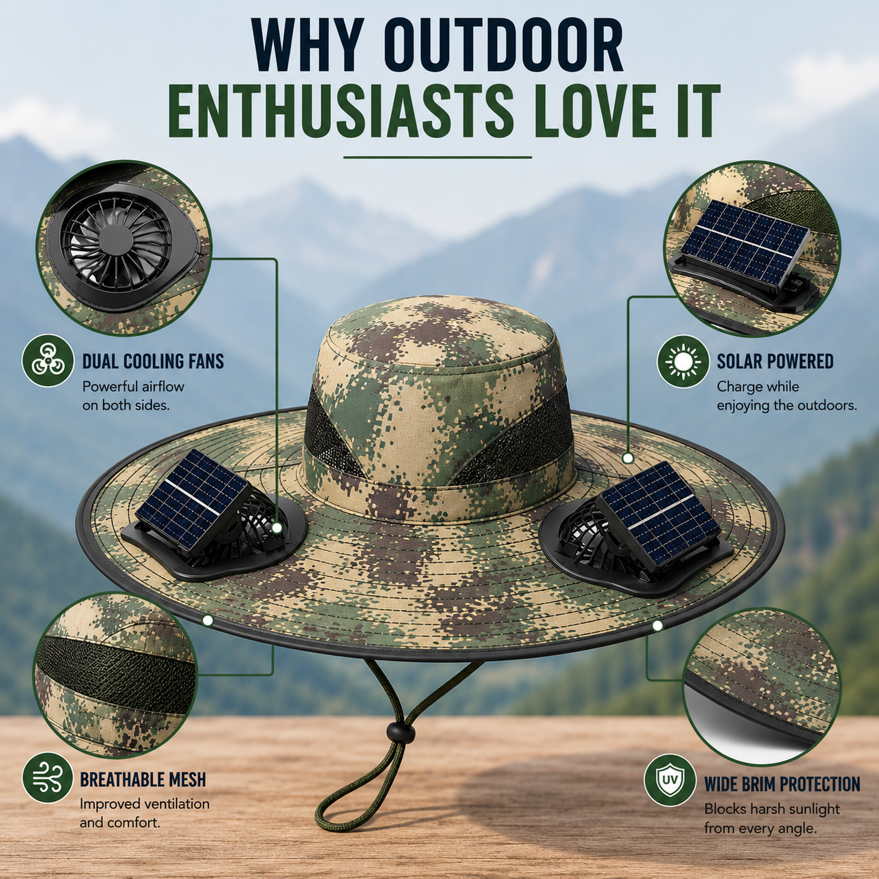 ☀️Solar Powered Fan Hat with 2 Removable Fans, Wide BrimSun Hat, UPF 50+ Bucket Fishing&Beach Hat, USB Solar