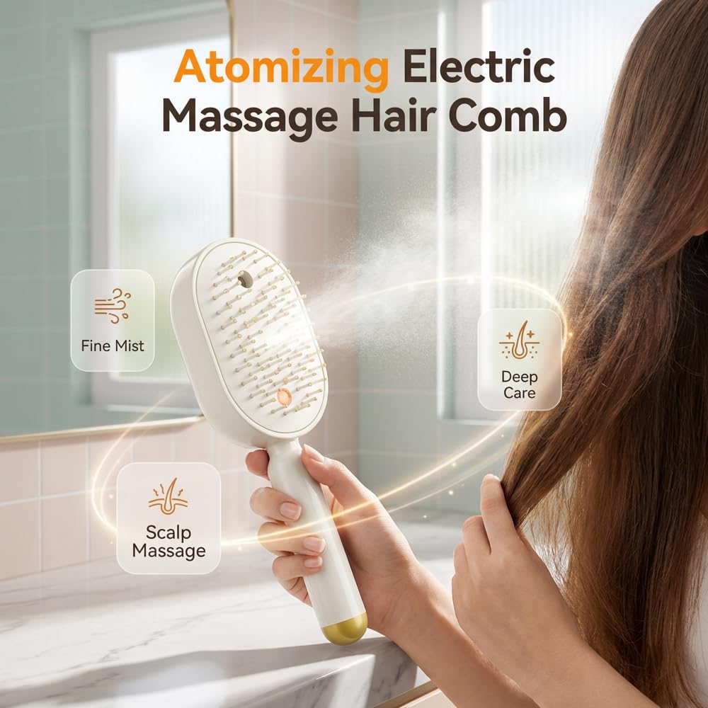 🔥Electric Spray Air Cushion Massage Comb, 2026 New 2 in 1 Misting Detangling Brush for All Hair, Rechargeable Hair Straightener Steam Brush, Wet Electric Hairbrush Air Cushion Mister for Women