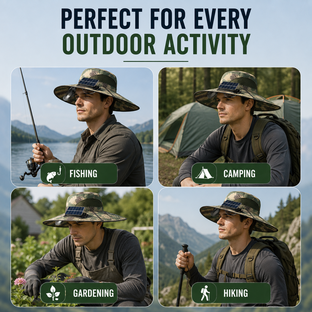 ☀️Solar Powered Fan Hat with 2 Removable Fans, Wide BrimSun Hat, UPF 50+ Bucket Fishing&Beach Hat, USB Solar