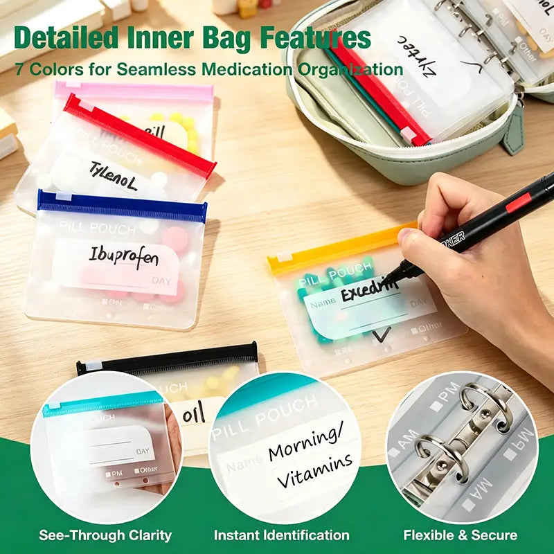 🔥Waterproof Pill Pouch Set, 14pcs Bags Inside, A8 Waterproof Pill Organizer Set, 7 to 14 Days of Meds