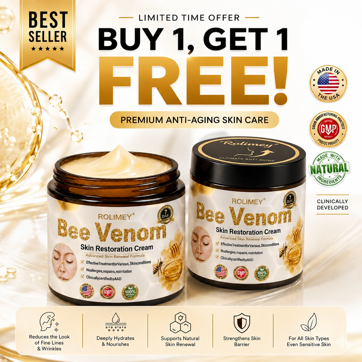 🌟💎2026 New Rolimey® Bee Venom Advanced Skin Rescue Cream | Botox-Inspired Firming & Smoothing Care for All Skin Types