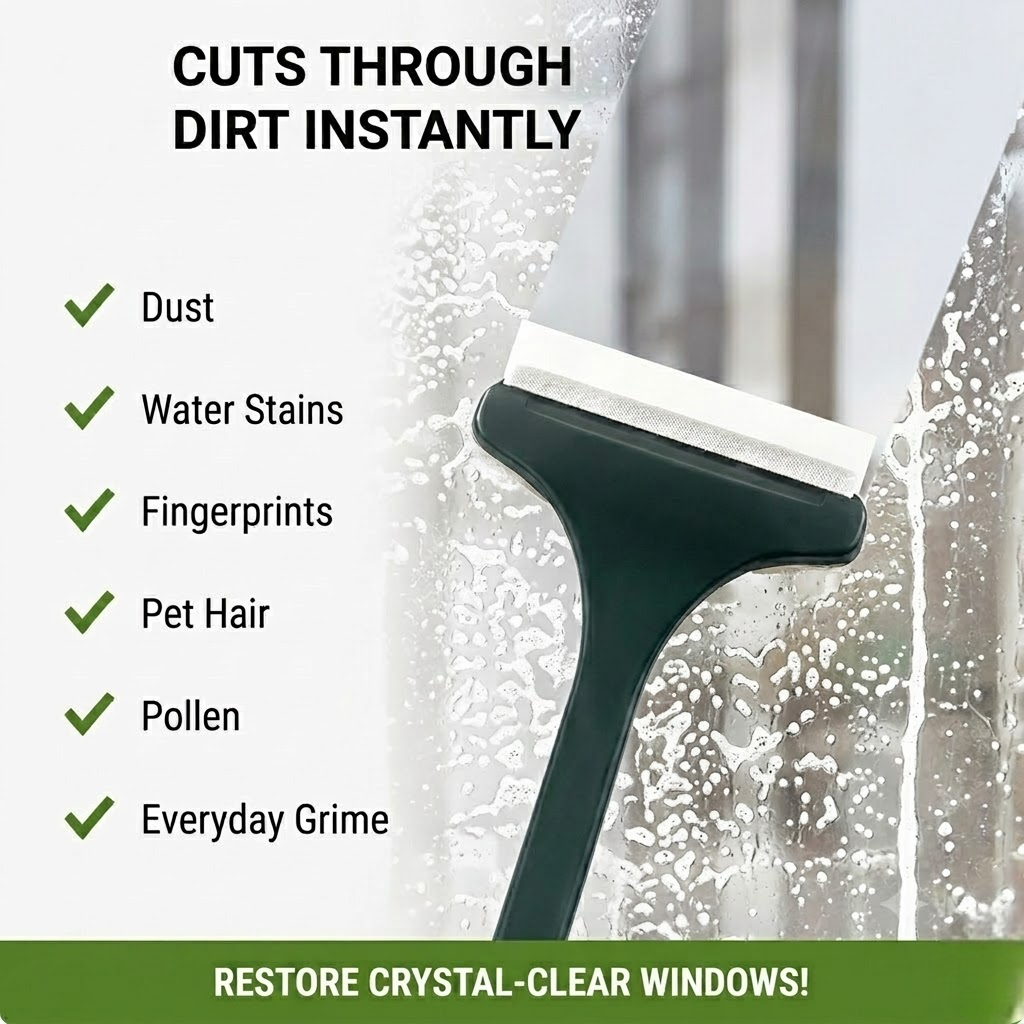 🔥Household Cleaning Tool, Window Cleaning Brush, Cleaning Supplies, 2-in-1 Double-Sided Window Screen Cleaning Brush and Glass Wiper with Scraper, Long Handle, Dual-Use for Wet and Dry Cleaning.