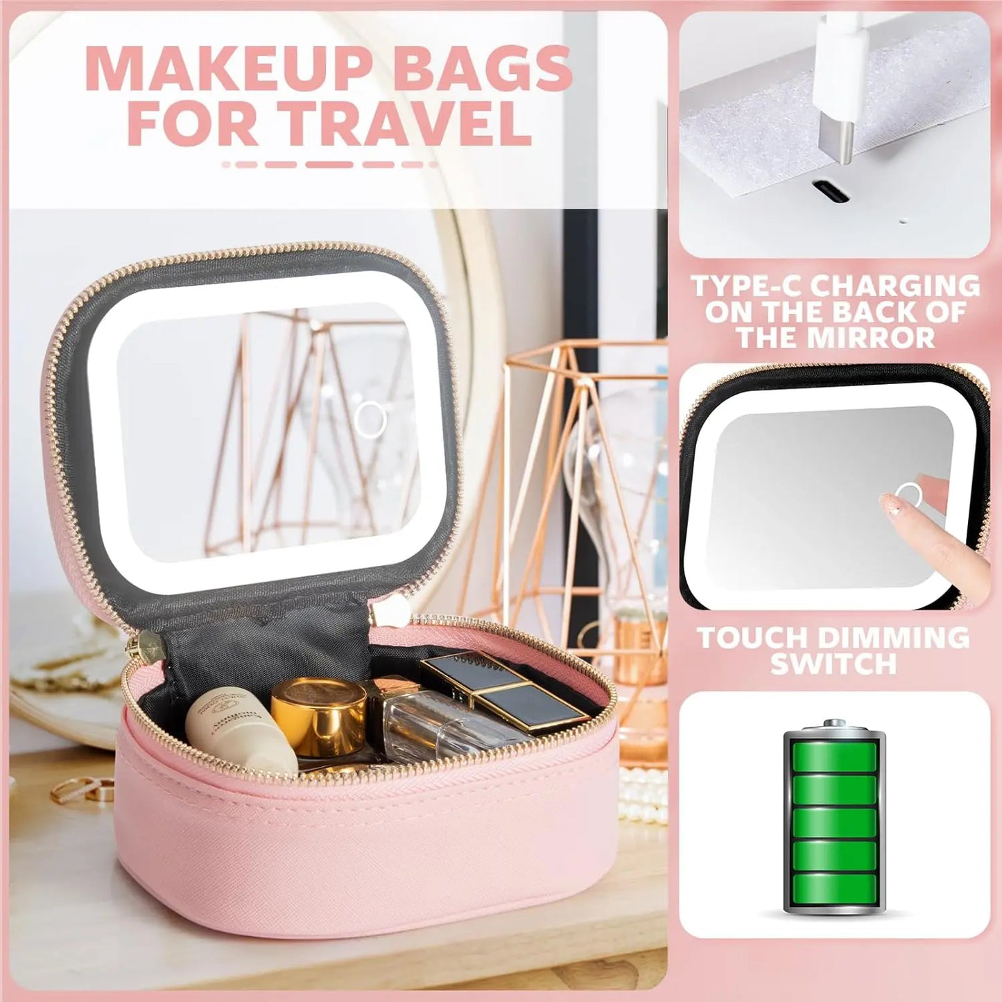 🔥LED Lighted Travel Makeup Bag with Mirror 3 Adjustable Brightness Portable Cosmetic Case