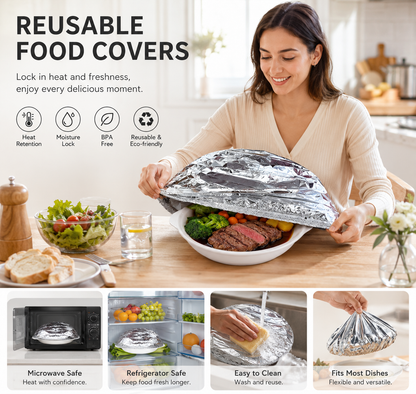 🔥Reusable Aluminum Foil Food Covers Aluminum Foil Insulation Covers,2026 Thickened Heat-Resistant Elastic Food Covers for Meals Prep Vegetables Fruits Leftovers Refrigerator Storage